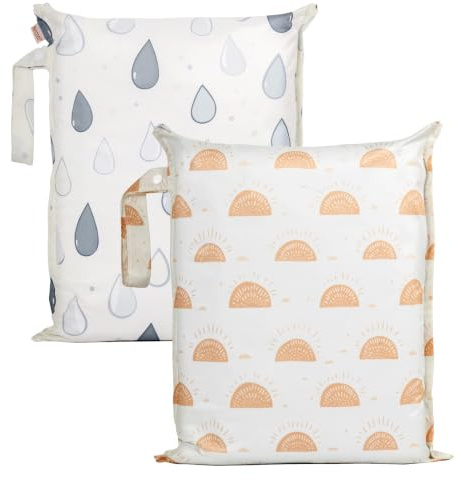HECCEI Wet Bags, 2Pcs Waterproof Wet Dry Bag Reusable Washable Cloth Diaper Swim Nappy, Swimsuit Bag with Hook Pouch 13x15 Inch Outdoor Organiser Bag for Baby Items Swimming Beach Gym Pool Travel