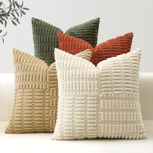 Sungeek 4er Set Cord Kissenbezüge, Kreuz Streifen Muster Kordsamt Kissenbezug Sofakissen Dekokissen Patchwork Design Boho Zierkissenbezüge Deko Kissenhülle für Wohnzimmer (40x40cm, Rost Olivengrün)