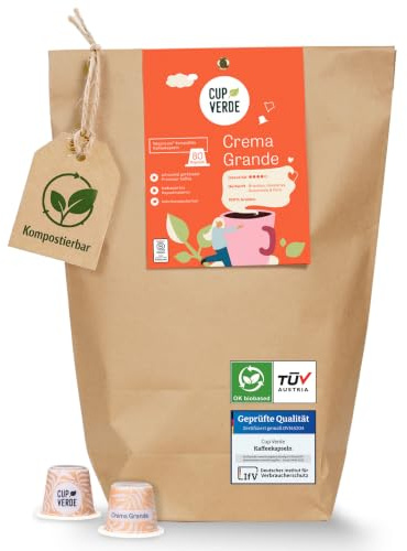 CUP VERDE Crema Grande Kaffeekapseln kompostierbar - [80 Kapseln - kompatibel mit Nespresso®] - Kaffee - 100% Arabica - ohne Aluminium - Kapselkaffee - Röstkaffee - Kaffeegenuss - Vorratspackung