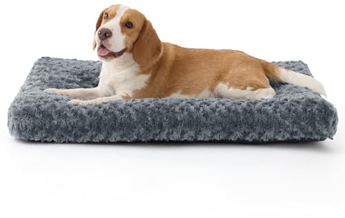 Bedsure Large Dog Bed Washable - Swirled Plush Dog Mat Gentle Support, Brushed Dogs Crate Mattress with Non-Slip Bottom, Pet Cushion for Medium & Large Dogs, Grey,89x58x7cm