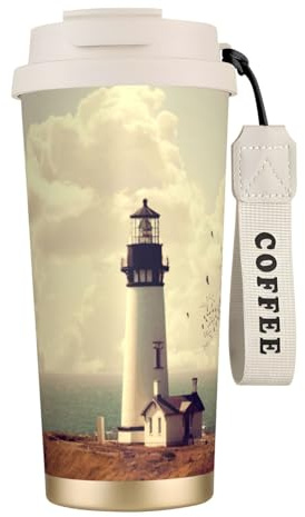 JEJEA Tazas aisladas de acero inoxidable con estampado de faro antiguo, tazas de café de doble pared, taza de viaje de café para oficina en casa