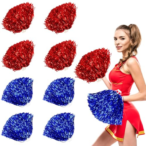 8 Pack Pom Poms Cheerleading with Plastic Handle for Sports Team Spirit, Cheerleader Pom Poms,Cheerleading Pom Poms for Games, Parties, Stadium Events and Holiday Celebrations (Red and Blue)