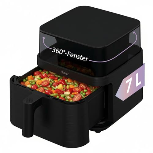Haier Heißluftfritteuse 7L mit 360° Glas-Sichtfenster I 8-in-1: Frittieren, Grillen, Braten, Backen, Dörren, Auftauen I Antihaftbeschichtet, spülmaschinenfest