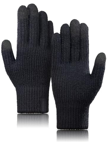TRENDOUX Guantes Termicos Hombre Mujer Lana Merino, Guante Tactiles Punto Invierno, Térmicos Elásticos Suaves Transpirables Deporte para Frio Conducir Coche Running Senderismo Movil Nieve - Negro L