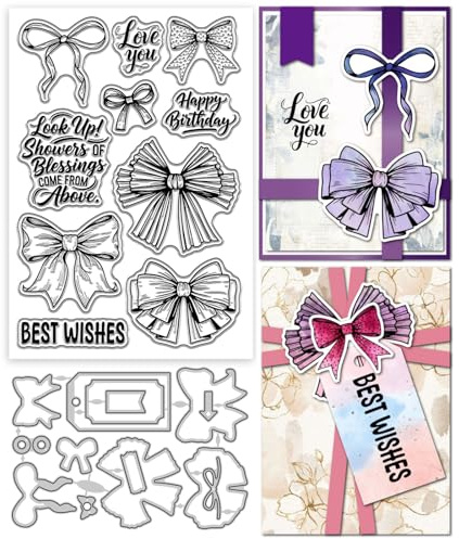 GLOBLELAND Bogenknoten Gruß Silikonstempel und Stanzformen Set Für Kartenherstellung Geschenkverpackungen Klare Stempel Und Stanzformen Set Für DIY Craft Scrapbooking Grußkartendekoration