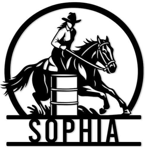 Personalized Barrel Racing Metal Sign, Custom Cowgirl Horse Rider Name Wall, Fence, Barn, Patio, Home, Stable, Office Hanging Decor – Gift for Mom, Dad, Daughter, Son, Equestrian, Rodeo Birthday