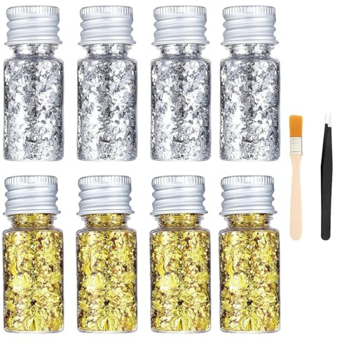RQcMid 8Stk Blattgold Zum Basteln, Goldfolie Dekoration Für Kuchen Und DIY-Projekte, Blatt Gold Flocken, Goldfolie Zum Basteln Für Schokolade Backen Handwerk Nägel (+1 Clip+1 Pinsel)