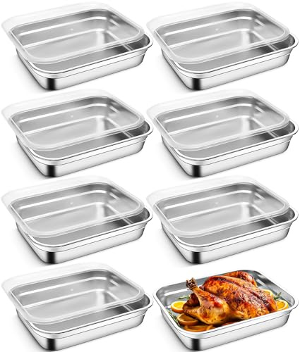 JTKDG 8 Pack Large Stainless Steel Food Storage Containers with Leakproof Lids 32 x 26 x 7 cm Oven & Freezer Safe Hotel Pans Rectangle Reusable Meal Prep Trays for BBQ Restaurant Freezer Buffet
