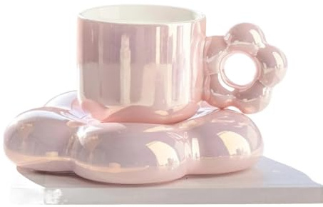 Crepundia Tasse à Café avec Soucoupe, Tasse à café en céramique avec pétales de fleurs, tasse plateau for thé au lait, cadeau d'anniversaire, cadeaux du Nouvel An, décoration table(Pink)