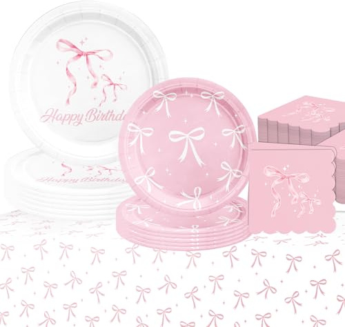 JUNBAOYYDS Rosa Schleife Partygeschirr,Süße Schleife Partygeschirr,Geburtstag Pappteller, Geburtstag Deko Set, Partydekoration Geschirr Party Supplies Set