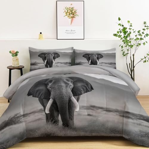 Bettdecke ohne Bezug 135x200 cm 4 Jahreszeiten, 3D Grasland Berg Elefant Wende Steppdecke Grau Warme und Weiche Ganzjahresdecke - Waschbar Allergiker Zudecke mit 2 Kissenbezügen 80x80 cm