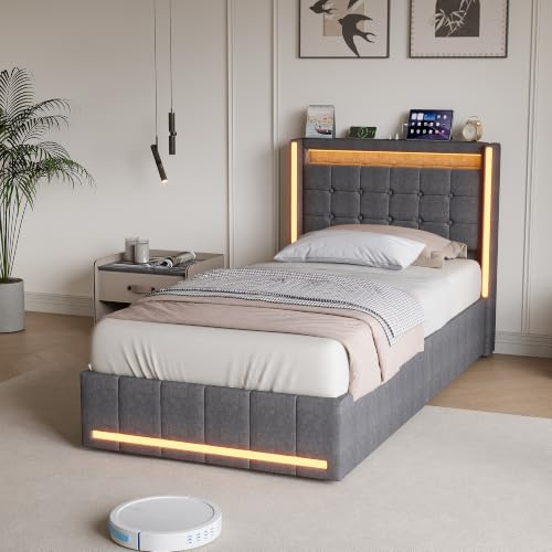 HYTKKBD Vadderad enkelsäng, kista 90 x 200 cm, enkelsängar med LED och USB, sängram med hydraulisk behållare och sänggavel, träribbotten, utan madrass, grå