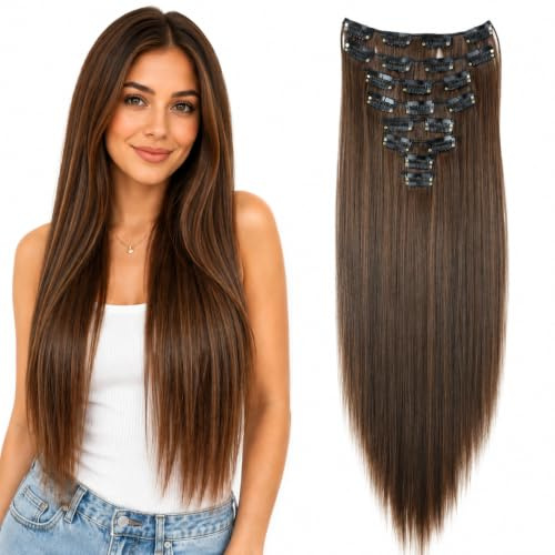 CAISHA XXL 60cm 8 Teile Set CLIP IN EXTENSIONS Haarverlängerung Haarteil Glatt Braun Mix CES20