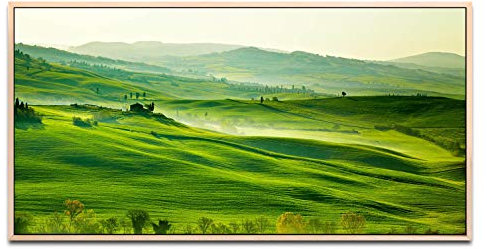 grüne Toskanalandschaft ca. 130x70cm Wandbild inklusive Schattenfugenrahmen naturfarbend - Panorama Leinwand Bild XXL Format Wandbilder Wohnzimmer Wohnung Deko Kunstdrucke