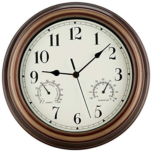 Rsobl 12 Inch Indoor Outdoor Wall Clock Waterproof with Temperature and Humidity Combo,Battery Operated Non Ticking Silent Clock Wall Decorative