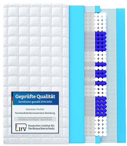 Matratzen Perfekt Taschenfederkernmatratze Hamburg Deluxe 90x200 H2 23 cm | 9-Zonen 522 Tonnentaschenfedern Rundum-Klimaband Bezug abnehmbar waschbar 60 Grad Wendeschlaufen belastbar bis 80 kg