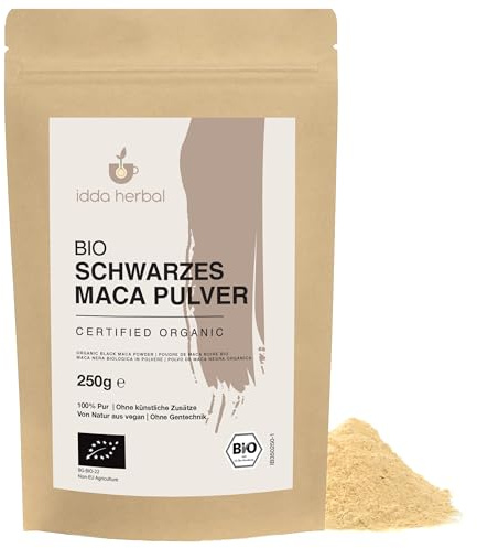 IDDA Herbal Maca Pulver schwarz BIO aus Peru 250g, bio Maca Pulver | schwarze Macawurzel gemahlen, ideal für Smoothies, Shakes, Müsli, Porridge, Kuchen, Muffins, Pancakes & Energiebällchen