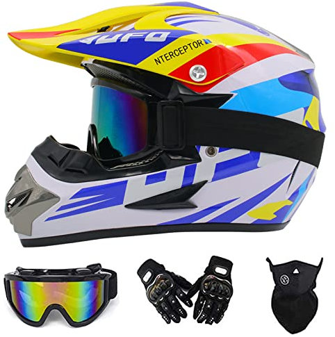 CNSTZX Motocross Helm Schwarz, Kinder Motorrad Crosshelm mit Brille Handschuhe Maske, Größe Verstellbar Unisex Fahrrad schutzhelm Fullface MTB Motorradhelm für Downhill Enduro Sport (Schwarz Gelb)