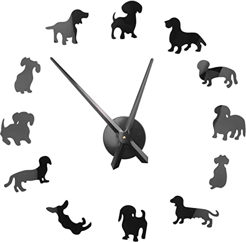 Ghulumn Orologio da parete con bassotto fai da te Wiener-Dog Dog Pet Frameless Gigante Orologio da parete con effetto specchio Salsiccia Cane Orologio da parete Nero