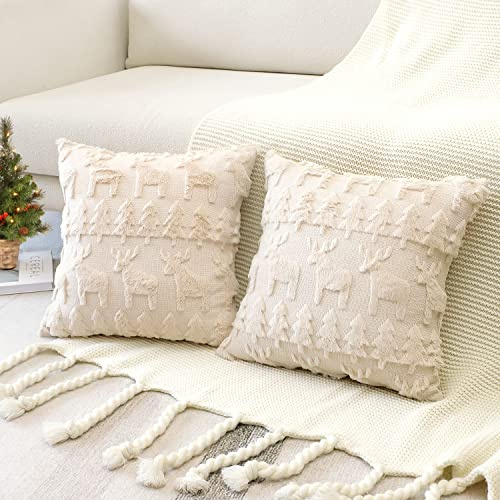 Artscope 2er Set Wolle Kissenbezüge Weicher Plüsch Kurzer Wollsamt Dekokissenbezuge Luxuriöses Sofakissen Europäische Kissenhülle für Sofa Schlafzimmer Weihnachtsbaum und Elch Creme Beige, 50x50cm