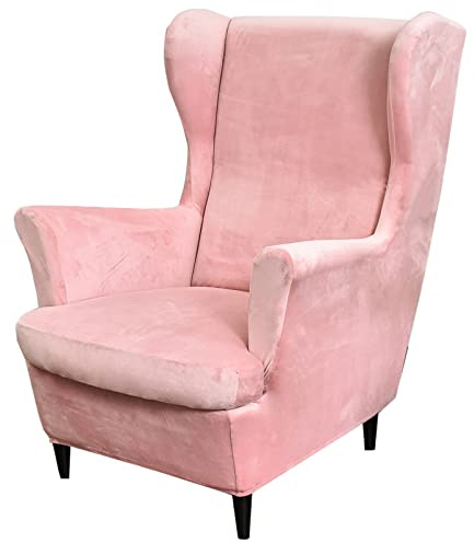 MIFXIN Wingback Chair Slipcovers 2-Piece Velvet Stretch Fabric Wing Chair Cover with Cushion Cover Armchair Sofa Furniture Protector with Elastic Bottom for Living Room (Pink)