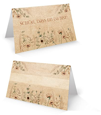 Tischkarten Boho, 100er Set: Namensschilder Schön, dass du da bist, Für Hochzeit, Geburtstag, Taufe, Konfirmation & Kommunion, Festdeko Tisch, Platzkarten zum Beschriften, Tischkärtchen, 8,5 x 5,5 cm