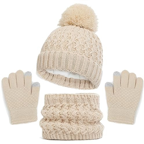 Baynetin Kinder Wintermütze Schal Handschuhe Set, 3 Stück Mädchen Warme Pompom Beanie Hut Touchscreen Handschuhe Runder Schal Set mit Fleece Gefüttert für Jungen Mädchen 2-8 Jahre