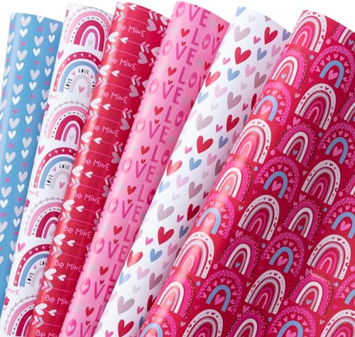 Holijolly Hoja de Papel de Regalo para San Valentín - 12 Hojas con Etiquetas de Regalo Arcos de Colores y Corazón de Amor para Boda, Aniversario, Cumpleaños, Fiesta - 50 CM X 70 CM Por Hoja