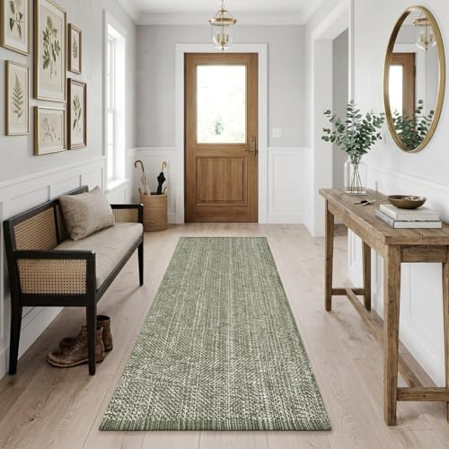 LEEVAN Washable Runner Rug 2'x5', Green Hallway Runner Rug, Hand-Woven Reversible Entryway Rug, Cotton Modern Bedroom Rugs, Farmhouse Bathroom Rugs, Soft Laundry Room Mat, Long Carpet Sink Foyer