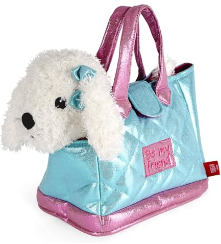 PERLETTI Borsetta Bambina con Peluche Barboncino Estraibile - Borsa Morbida e Leggera Regalo Bimba 3 4 5 6 Anni - Borsa Bambine Asilo con Cagnolino - Dimensioni 30x15x20cm (Barboncino Fiocco Azzurro)