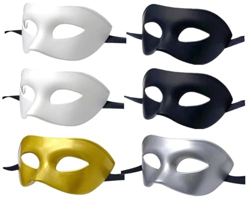 LECMACY Masque de bal masqué pour homme et femme, demi-masque en plastique souple et élastique, couleur unie, convient à tous les bals de fin d'année (2 noirs + 2 blancs + or + argent)