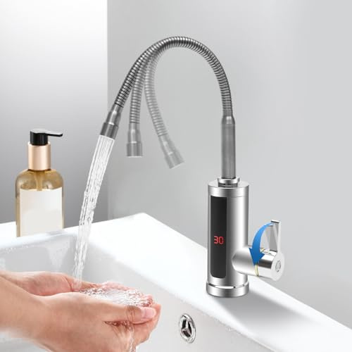 Wasserhahn Durchlauferhitzer 3KW 220V Elektrischer Küchenamatur Edelstahl-elektrohahn küche Armatur 360° Drehbarer Heiß und Kalt Warmwasserhahn Wasserboiler mit LED Temperaturanzeige (Hoch 41cm)