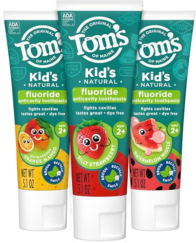 Tom's of Maine Anticavity Kids Natural Toothpaste Variety Pack, Strawberry, Orange Mango, Watermelon Flavors, Kids Toothpaste with Fluoride, Safe for Ages 2 and Up, 5.1 oz (Pack of 3)