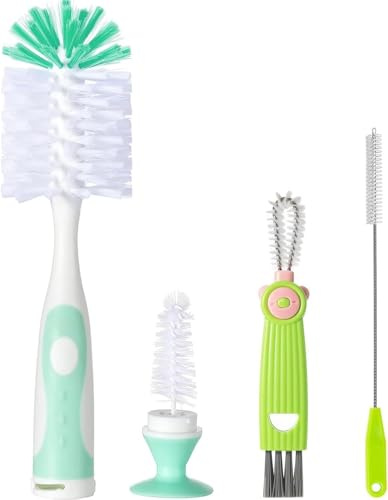 4 in 1 Baby Bottle Brush Set with Suction Cup, Nylon Bottle Cleaner Set including Teat Cleaner and Straw Brushes, BPA Free, Green