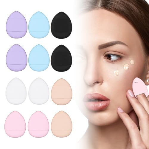 VODAFQS 12 Piezas Mini Esponjas en Polvo Esponjas en Polvo para Dedos con Correa para Soporte para Dedos Mini Licuadora de Belleza Almohadillas de Maquillaje para Ojos y Base para Cosméticos Líquidos