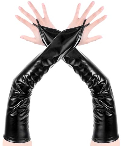 Fingerlose Handschuhe Lang Damen Leder Silber Schwarz Metallhandschuhe Ellenbogenlange Lange Handschuhe Silber Damen Party Halloween Cosplay 980er Jahre Alien Halloween Kostüm Zubehör Braut Hochzeit