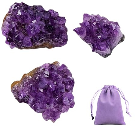Moguri 3 Stück Amethyst Kristall Edelsteine, Kristallcluster, Geode,Heilkristalle und Steine,violett,natürlicher Gesteinsschutz,Energieausgleich,Reiki,Raumdekoration