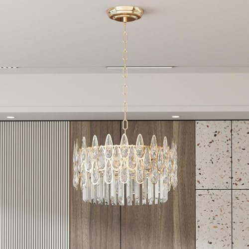 LUVODI Moderno lampadario di cristallo di lusso: 40 cm rotondo lampadario a sospensione in cristallo con gocce di pioggia cristalli oblunghi tre temperatura di colore per soggiorno, camera da letto