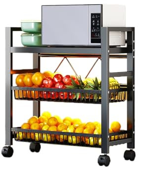 Heikoeco® Rollwagen Metall mit 3 Ebene, Multifunktionaler Servierwagen mit Plattform und Körben auf Rollen, Küchenregal mit Griffen für Küche, Wohnzimmer, Bad, Bastelwagen Küchenwagen Schmal