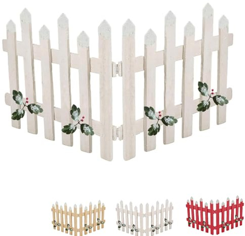 Virsus Staccionata in Legno per Albero di Natale, misura 90x30 cm, Recinzione con punte Innevata e Agrifoglio, Recinto con 2 sezioni pieghevoli, Decorazioni Natalizie -5528 (Bianco)