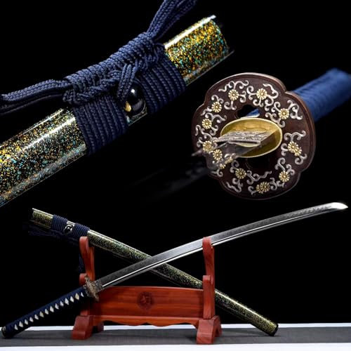 103cm Samurai-Schwert,T10-Stahl Klinge mit Brennender Klingenprozess,reinem Kupfer vergoldet versilbert Handschutz,Holzscheide,handgefertigt japanisches Katana Für Sammlung Cosplay Geschenke Kendo