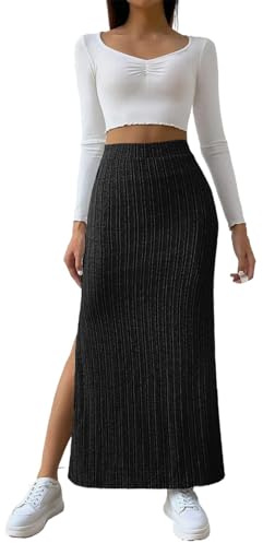 Jupes tricotées pour femme UK | Jupe longue en jersey noir - Jupe d'hiver fine - Jupe midi taille haute - Fente latérale - Jupe crayon de couleur unie - Jupe moulante côtelée - Jupe droite en laine,
