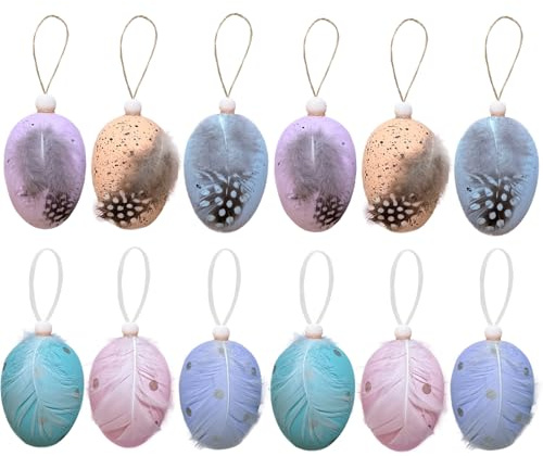 BOOSHMall 12 x Ostereier mit Federn, Hängdeko für Ostern, 4 * 6 cm Größe Ostereier in Naturei-Optik, Osterdeko und Frühlingsdeko