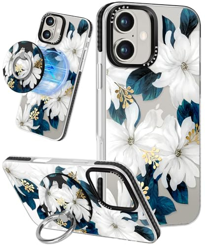 Kokaade for iPhone 16 Case for Women Girls - Cute Kawaii Blue Flower Design Compatible with Magsafe for Magnetic Ring Holder Stand Phone Cover Girly TPU Funda for iPhone 16
