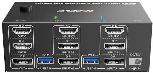 8K@60Hz 4K@144Hz HDMI Displayport Triple Monitore KVM Switch 2 PC 3 Monitore teilen 4 USB 3.0-Anschlüsse, 12-V-Netzteil, kabelgebundene Fernbedienung und USB-Kabel im Lieferumfang enthalten