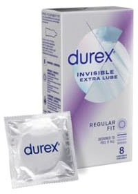 Durex Invisible Extra Lube Kondome, Reguläre Passform, 8 Stück