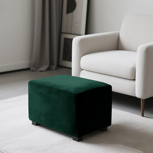 SYLC Ottoman Cover Stretch Velvet, Footstool Cover and Pouffe Cover Non-slip with Elastic Bottom/ties, Slipcover for Folding Storage Poofy Foot Stool (Dark green,Rectangular Ottoman)