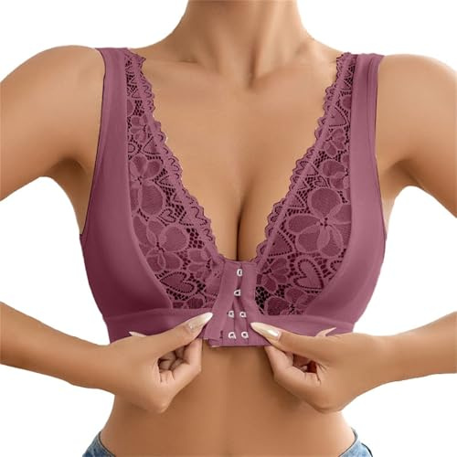 Front Fastening Bra Women UK Plus Size Non Wired Support Lift Sports Padded Ladies Bra Comfort Full Coverage High Impact Large Breasts Low Back Push Up Bras Purple