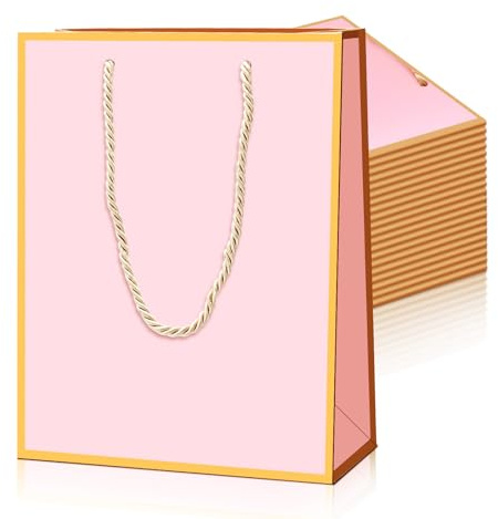 20 Stück Geschenktüten mit Henkel Rosa, Goldrand mit goldenem Dreistrangkordel für Frauen Valentinstag und Hochzeitsfeiern 18x8x23cm