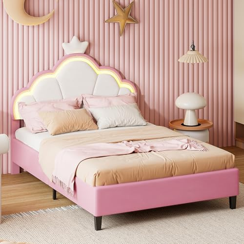 TIMORWTF Kinderbett, gepolstert, 90 x 200 cm, Bettgestell für Kinder, Prinzessinnenbett für Mädchen, mit LED-Beleuchtung und Lattenrost, Design Krone, Samt, Rosa
